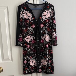 WHBMBlack Long-Sleeve Floral Dress with Pink & Red Accents